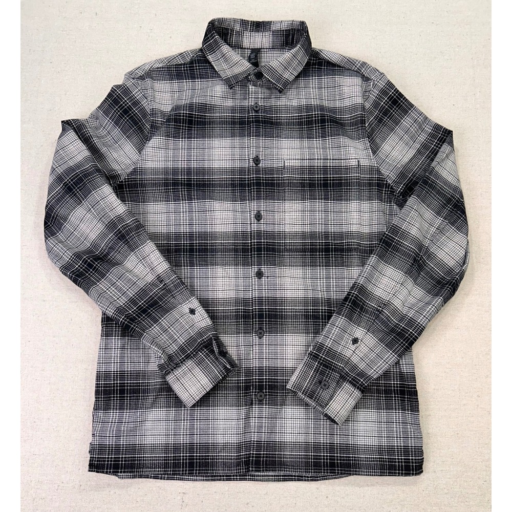 Lululemon Mens Medium Mason Plaid Long Sleeve Button Down Shirt Black Grey White